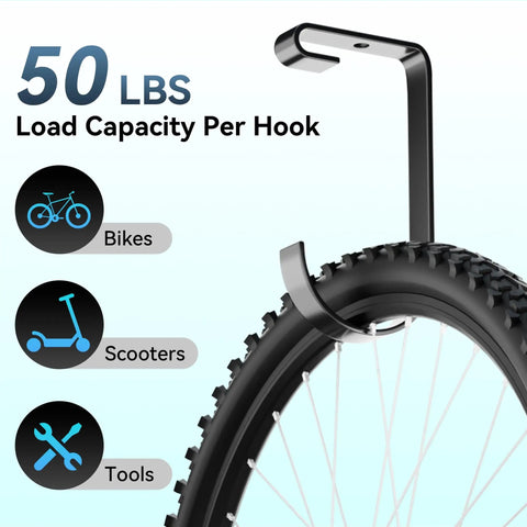 Close-up of rust-resistant black bike hook holding a bike wheel, 4 Pack Bike Hooks For Garage Ceiling Storage Rack Heavy Duty Steel Hangers Up To 50 Lbs Each Overhead Bike Hanger Add On For Wall Shelving And Garage Organization Rust Resistant Black.