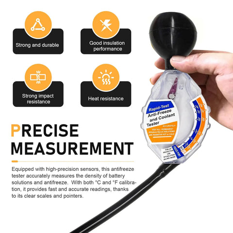 Heavy Duty Automotive Antifreeze Tester in hand, with gauge displaying coolant measurements, universal fit for all cars.