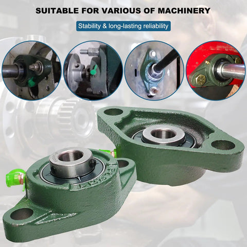 Four Pack Boxed UCFL201 Flange Mount Ball Bearing Unit Precision Engineered Dual Sealed Self Aligning Cast Iron Housing With Set Screw Lock Best For Serious Industry Work And Half Bore Needs Tough As Nails Heavy Duty Steel Gear green flange bearing units on machinery