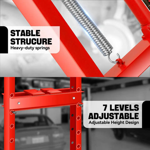 Heavy Duty 20 Ton Hydraulic H Frame Shop Press With Adjustable Stamp Plate showcasing heavy-duty springs and 7 adjustable height levels.