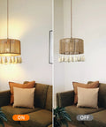 Boho Hemp Rope Pendant Light With Plug In Cord 15ft Hanging Lamp With On Off Switch in living room setting.