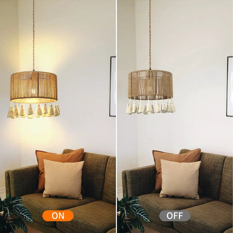 Boho Hemp Rope Pendant Light With Plug In Cord 15ft Hanging Lamp With On Off Switch in living room setting.