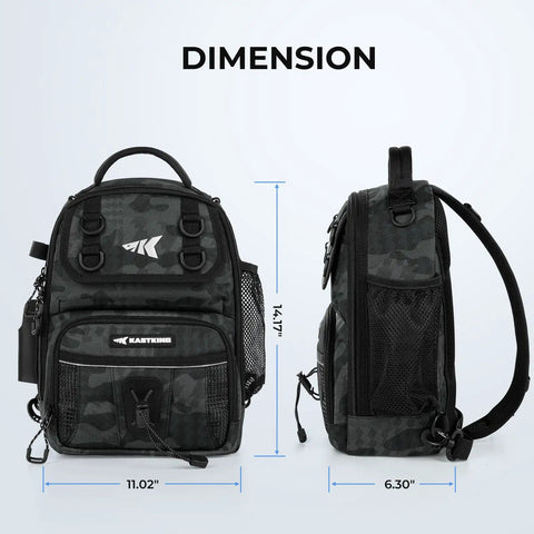 Front and side view of BaitSpace Standard Fishing Tackle Sling Bag with dimensions 11.02x6.3x14.17 in, water-resistant camo pattern.