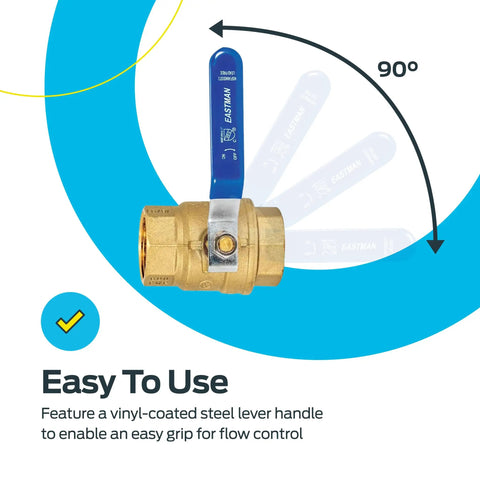 1-1/4 Inch IPS Beefed-Up Full Port Ball Valve Brass Plumbing Fitting Inline Shut Off with lever at 90-degree angle