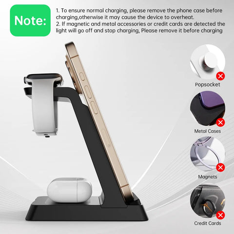 Side view of 3 In 1 Fast Wireless Charging Station For iPhone 17 16e 16 15 14 13 12 11 X Pro Max Apple Watch And AirPods Pro 4 3 2