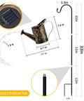 2 Pack Solar Waterfall Watering Can Lights For Garden, showing copper lantern dimensions and solar panel with stake height details