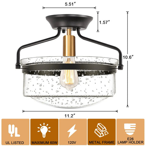 Seeded Glass Semi Flush Mount Ceiling Light In Matte Black, 11.2 Inch Shade, Vintage Farmhouse Style with measurements