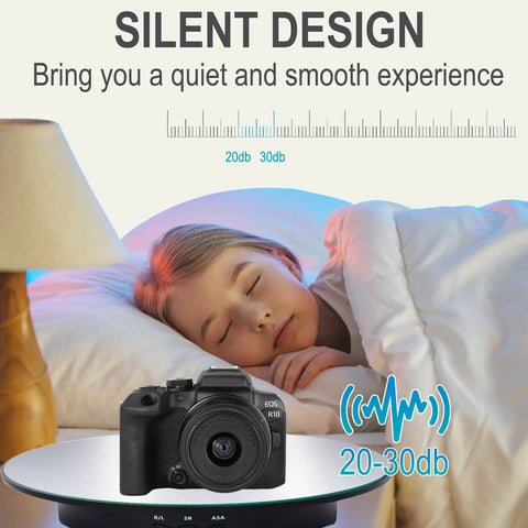 Electric Motorized Rotating Display Stand With Remote Control, 360 Degree Turntable For Photography Products Jewelry And Collectibles, 7.8 Inch Platform showing camera on silent design turntable.