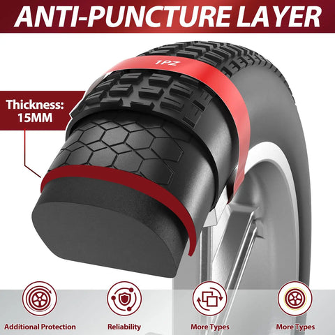 Cross-section of 20x4.0 bike tire with anti-puncture layer showing puncture proof tire insert for 20x4.0 bike tires, no flat liner.