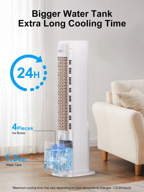 Windowless Portable Evaporative Cooler Tower Fan For Bedroom, 41 Inch, near sofa, shows water tank and ice boxes