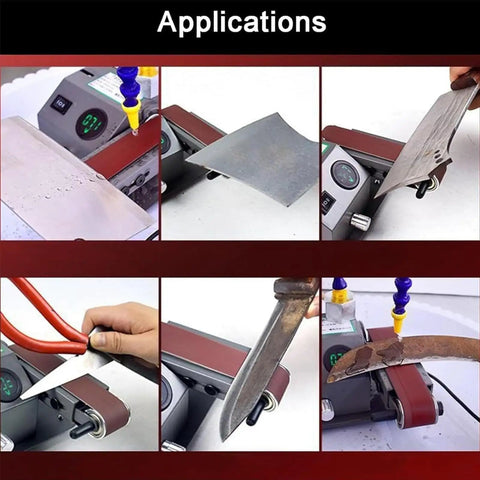 Mini Electric Wet Dry Bench Sander With Variable Speed Control Up To 13000Rpm And Lcd Display featuring various applications like sharpening tools.