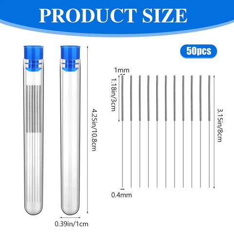 Bulk 50 Pieces 0.4 mm Stainless Steel 3D Printer Nozzle Cleaning Kit with storage bottles shown with needle dimensions