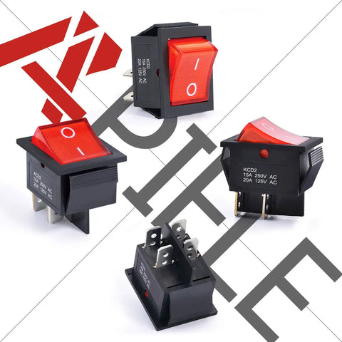 3 Pack Rocker Toggle Switches 2-Position On Off DPST 4 Pins With Red LED For Boat Marine Use AC 125V 20A Or 250V 16A Panel Mount Durable, Easy-Install Electrical Switches, front and back view