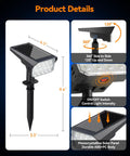 Heavy Duty Solar Spot Lights Outdoor 56 Led With 14 Lenses IP65 Waterproof 3 Modes shown with dimensions and design details.