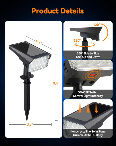 Heavy Duty Solar Spot Lights Outdoor 56 Led With 14 Lenses IP65 Waterproof 3 Modes shown with dimensions and design details.