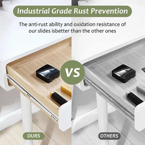 Soft Close 14 Inch Drawer Slides Full Extension Ball Bearing Runners For Cabinets Heavy Duty Steel Mount Rails Noiseless Auto Lock Galvanized Rust Resistant Drawer Guides comparison showing industrial grade rust prevention with drawer slides installed, one in color, one in grayscale.