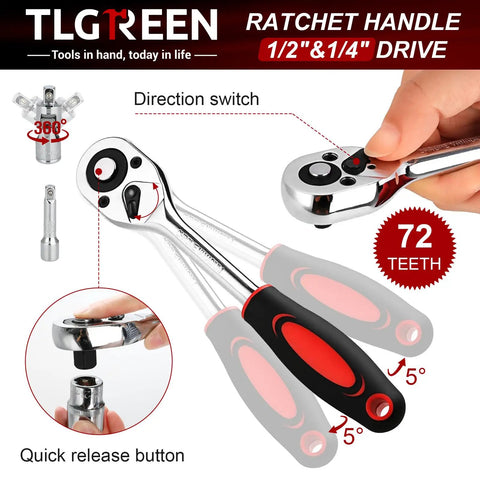 108 Piece Workhorse Mechanic Socket Tool Kit With CR V Steel Sockets, Metric And SAE, shown with ratchet handle details