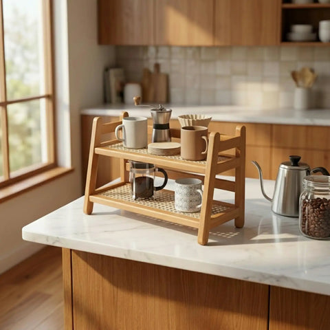 Two Tier Coffee Station Organizer With Bamboo Mug Holder For Countertop Rustic Vintage Mug Rack in kitchen setup