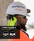 Worker wearing Vented Hard Hat With Light Cap Style Ratchet Suspension ANSI Class C Safety Helmet Skullerz 8972LED White