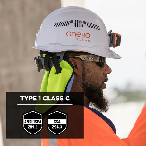 Worker wearing Vented Hard Hat With Light Cap Style Ratchet Suspension ANSI Class C Safety Helmet Skullerz 8972LED White