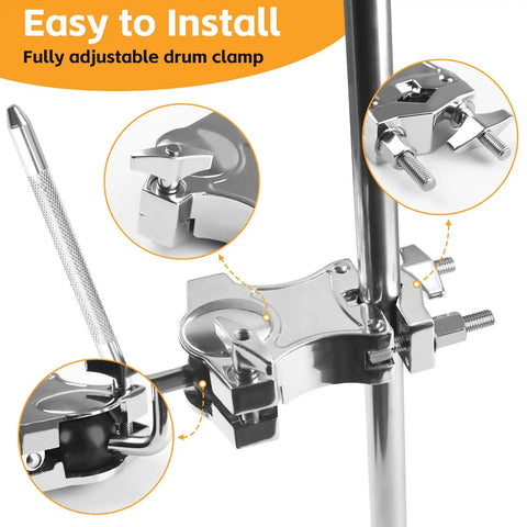 Heavy-Duty L-Rod Cowbell Mount For Drum Set, Zinc Alloy Cymbal Clamp With 360 Degree Adjustability, Rust-Resistant Durable Hardware For Studio, Stage And Practice mounted on drum rod