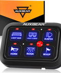 Slick 6 Gang Touch Control Switch Panel With Automatic Dimmable LED Backlight And Built In Relay System For Car Truck Jeep SUV Boat UTV Wiring Hella Smooth Upgrade Your Ride Today display with labeled buttons.