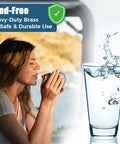 RV water pressure regulator ad banner; lead-free brass claim; woman sipping coffee beside a splashing glass of water