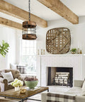 Retro Industrial Round Cage Pendant Light with Metal and Wood Frame hanging in rustic living room, brown finish, 7.9-inch diameter.
