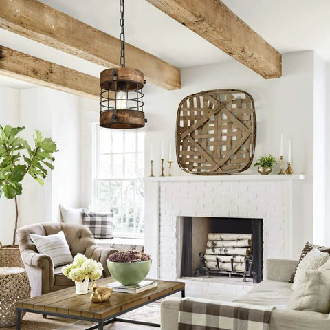 Retro Industrial Round Cage Pendant Light with Metal and Wood Frame hanging in rustic living room, brown finish, 7.9-inch diameter.