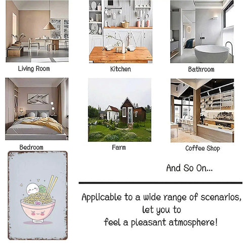 Vintage Metal Sign Ramen Theme Tin Wall Art For Home Office Garage Decor Cute Japanese Style With Retro Vibe 8 By 12 Inch Aluminum Plaque With Rustic Finish Durable And Easy To Mount, displayed on a variety of room settings.