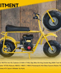 Yellow mini bike with Tubeless 145/70-6 Mini Bike Tire For Coleman CT100U Baja Dirt Bug displayed on wooden background