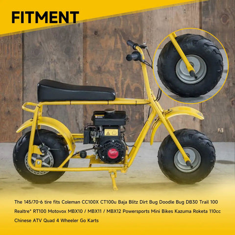 Yellow mini bike with Tubeless 145/70-6 Mini Bike Tire For Coleman CT100U Baja Dirt Bug displayed on wooden background