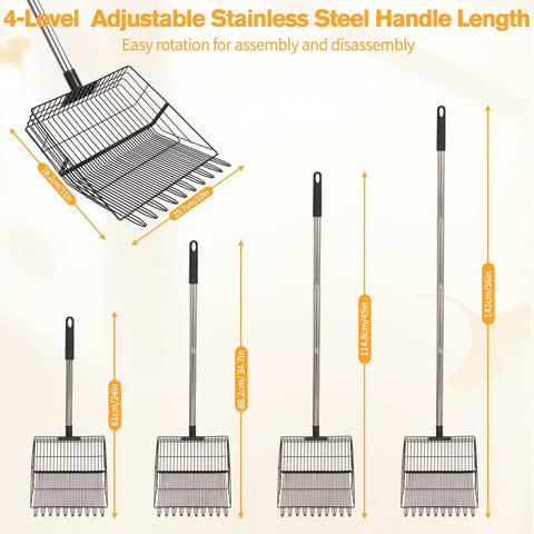 Beefy Heavy Duty Chicken Poop Scooper With Adjustable Long Handle And Stainless Steel Sifter Shovel showing 4 handle heights