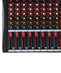 Close-up of 8-Channel Bluetooth Audio Mixer Console Pro USB DJ Mixing Board With Stereo 2-Track faders and knobs.