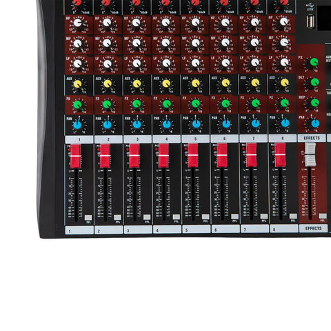 Close-up of 8-Channel Bluetooth Audio Mixer Console Pro USB DJ Mixing Board With Stereo 2-Track faders and knobs.