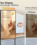 Comparison of 65 Inch Floor Standing Digital Signage 4K UHD Display Android 14 3000 Nits vs 700 Nits ordinary display.