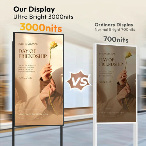 Comparison of 65 Inch Floor Standing Digital Signage 4K UHD Display Android 14 3000 Nits vs 700 Nits ordinary display.
