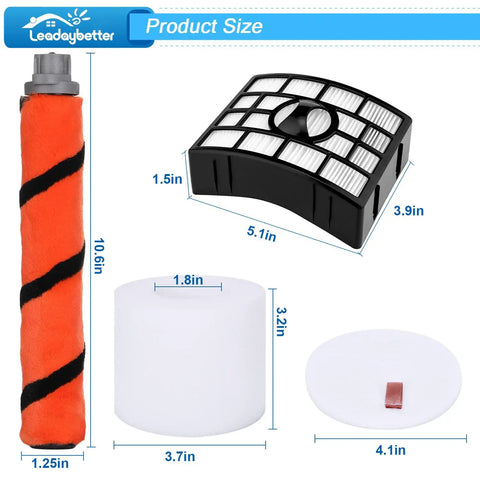 Shark Apex DuoClean Lift Away Vacuum Filter Kit package sizes with brush roll, black filter, foam, and felt filters.