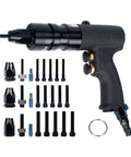 Pneumatic Rivet Nut Gun Kit With One Quarter Inch, Five Sixteenth Inch And Three Eighths Inch Mandrels displayed with accessories