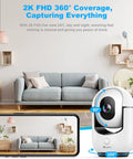 2K Pan Tilt Indoor Security Camera With AI Motion Detection And 2 Way Audio for living room surveillance, shown with phone app.