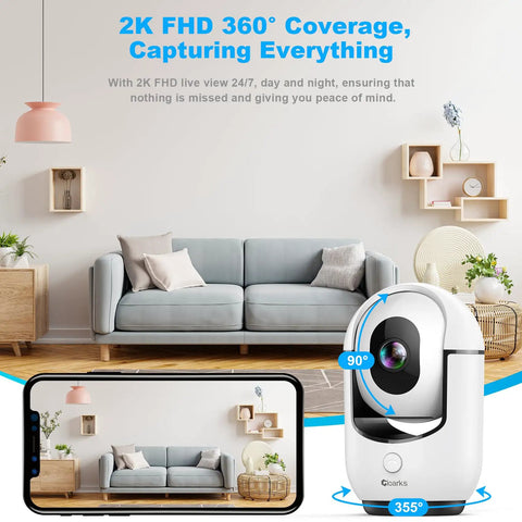 2K Pan Tilt Indoor Security Camera With AI Motion Detection And 2 Way Audio for living room surveillance, shown with phone app.
