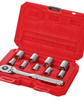 Pro Mechanics Tool Set Featuring A Badass Low Profile Ratchet With 72 Teeth And 6 Point Chrome Sockets Built For Crushing Tough Jobs In Tight Spaces Pumping Massive Torque Backed By A Lifetime Warranty Metric Drive Pieces in a red case.