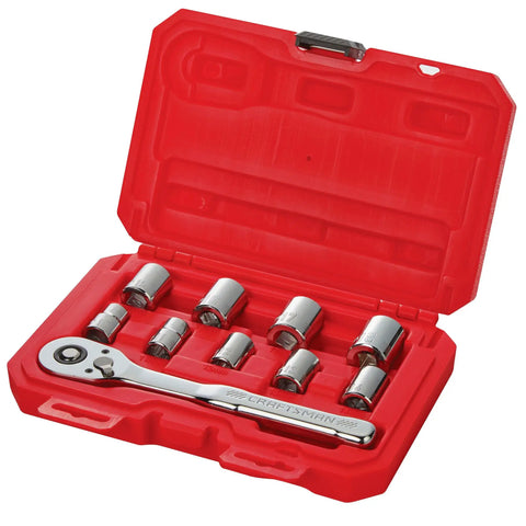 Pro Mechanics Tool Set Featuring A Badass Low Profile Ratchet With 72 Teeth And 6 Point Chrome Sockets Built For Crushing Tough Jobs In Tight Spaces Pumping Massive Torque Backed By A Lifetime Warranty Metric Drive Pieces in a red case.
