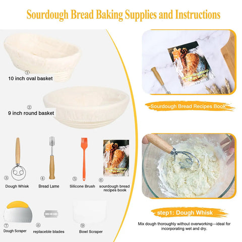 Banneton Bread Proofing Basket Set With Liners, 9 Inch Round And 10 Inch Oval Sourdough Kit For Home Bakers And Pros included tools and instructions.