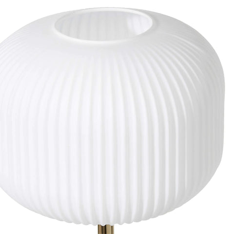 Round frosted ribbed shade of Tall Metal Floor Lamp With Round Ribbed Shade For Living Room, showcasing textured design and gold stem.