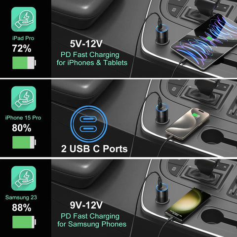 Image showing Dual Port USB C Car Charger With Super Fast 40W Output Adapter for phone and tablet in vehicle charging two devices.