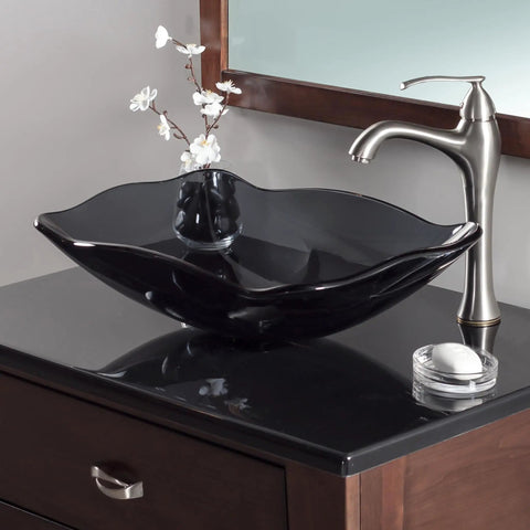 Oblong Fluted Clear Black Glass Vessel Sink For Above Counter Install with flower detail on modern vanity