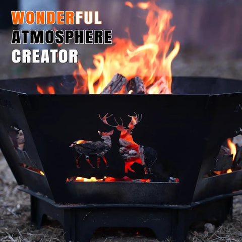 Collapsible 23 Inch Wood Burning Fire Pit for Camping and Patio with flame glowing through deer cutouts.