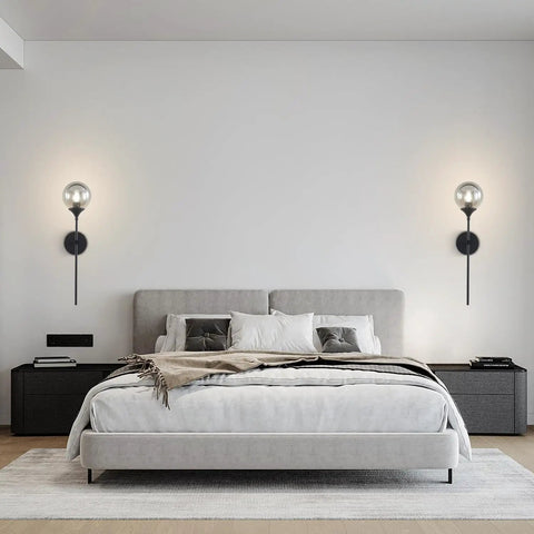 Sleek Smoke Grey Glass Globe Wall Sconce In Black Matte Finish With Slim Long Wall Mount Lamp Vintage Industrial Vibe for bedroom