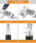 Four test modes of 8 Inch Digital Caliper Vernier Caliper With Stainless Steel LCD Display showing diameter, depth, and step measures.